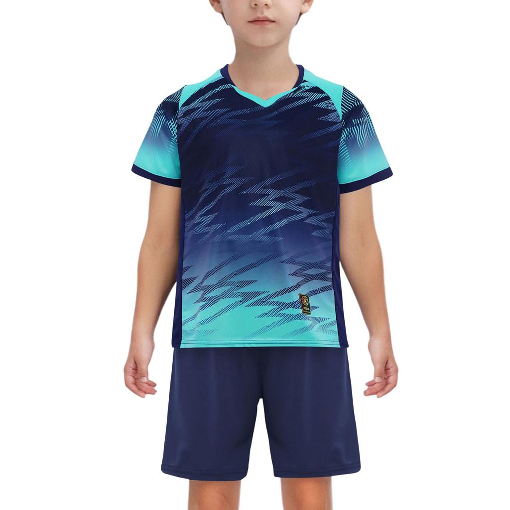 Children‘s Football Training Outfit V-Neck Short Sleeve Patterned T-Shirt and Elastic Waistband Drawstring Shorts for Athletic Practice