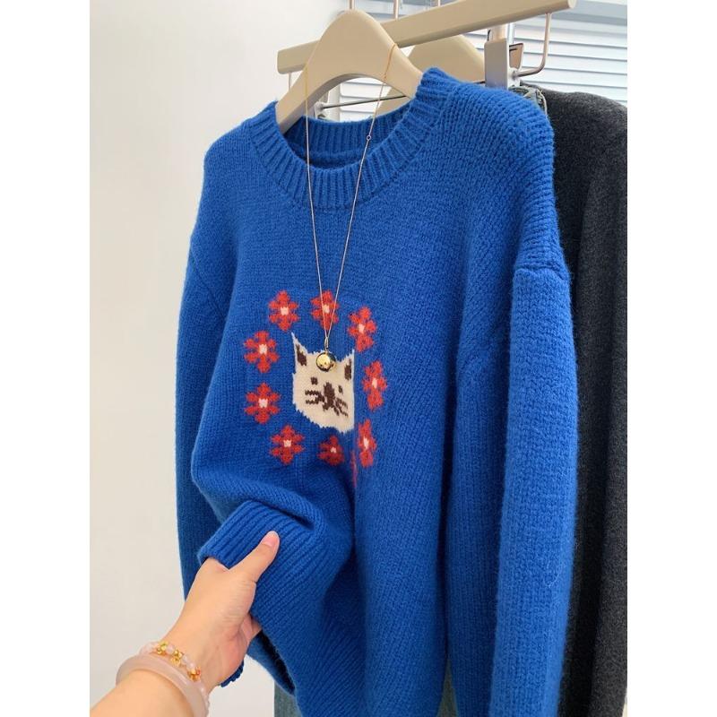 

Round Neck Pullover Loose Outer Sweater Women s New High-end Knitted Top S синий