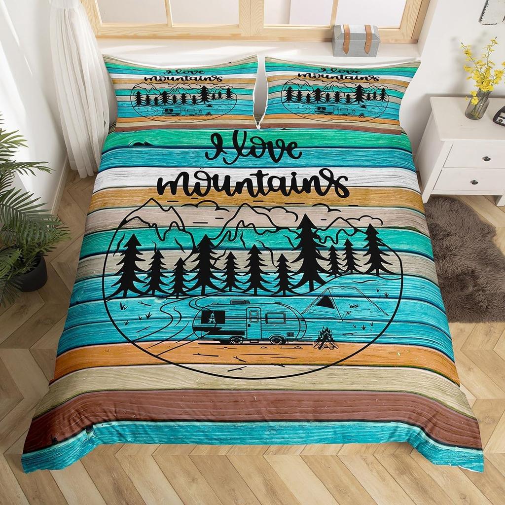 Handbemalte Bergdeko Bettbezug-Set Queen King Size Happy Camping Kinderbettwäsche für Jungen Mädchen 3-teilig mit 2 Kissenbezügen