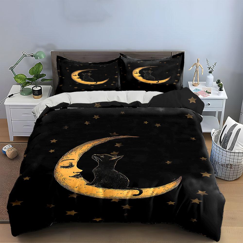 Moon, Stars, and Cat. Bedding Sets Duvet Cover Sets Duvet Covers Pillowcases(1 * Duvet Cover 2 * Pillowcases Without Duvet Insert)