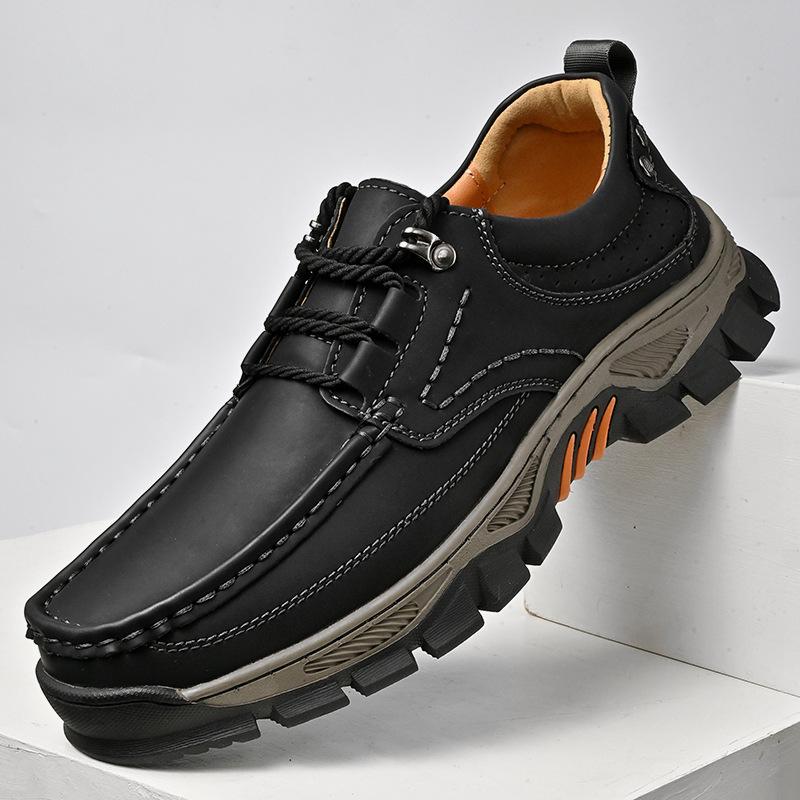 Men's Slip On Faux Leather Hiking Shoes Outdoor Non-Slip Waterproof Walking Sneakers for Male Casual Lace-Up Work Shoes Comfortable Short Boots