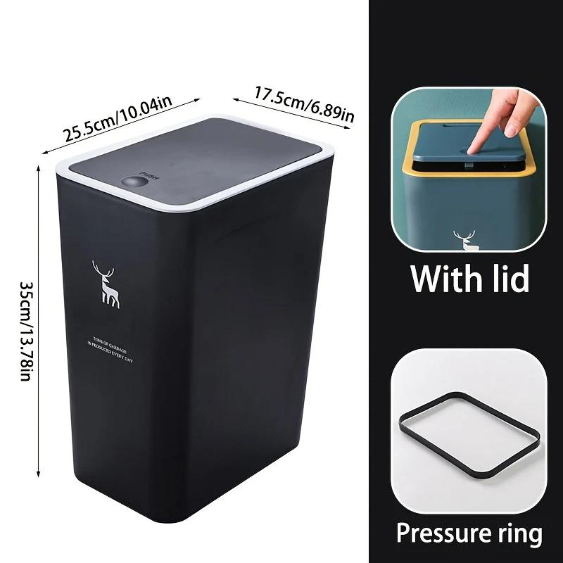 

1pc Bathroom Trash Can 15L Garbage Can with Press Top Lid for Kitchen, Bedroom, Living Room Plastic Wastebasket with Pop-up Lid чёрный