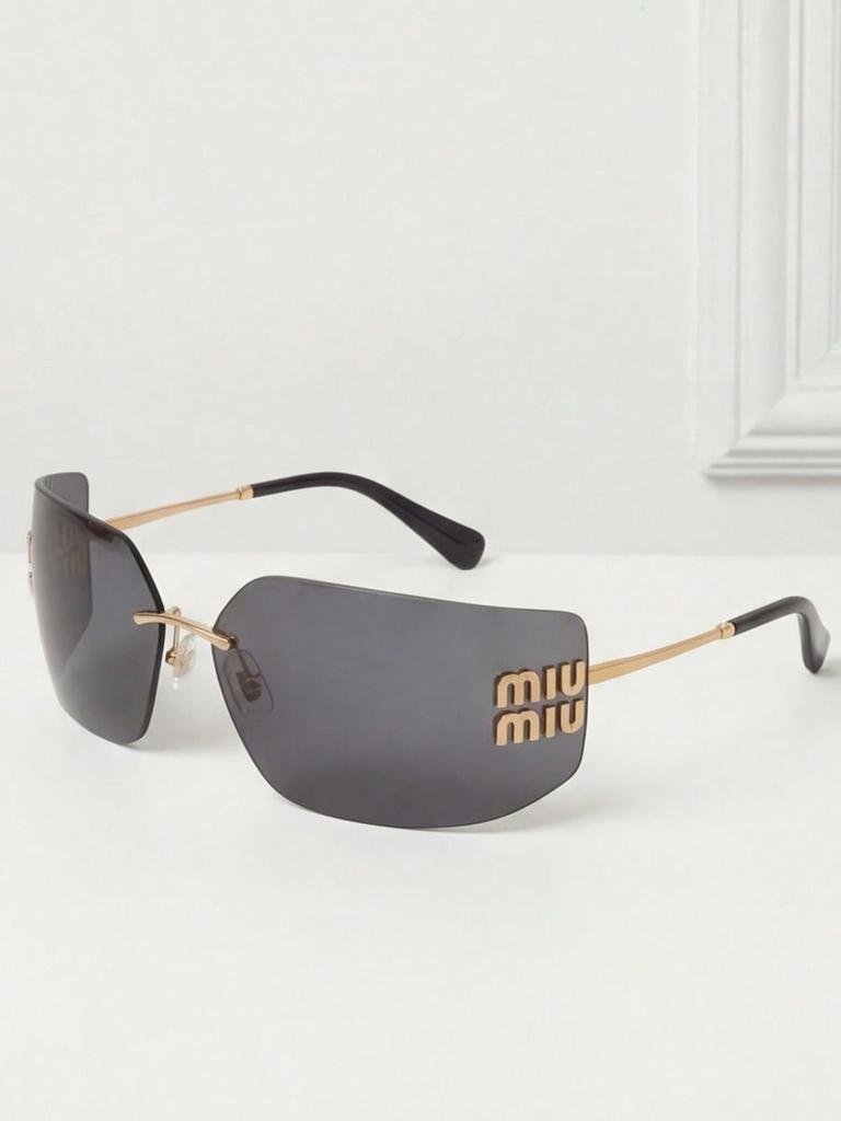 MIU MIU MU54YS Gafas de Sol de Moda sin Montura para Mujer Lujosas Montura de Metal Dorado con Letras Protección UV400 Lente Degradada Gafas Oversize para Viajes Diarios Playa