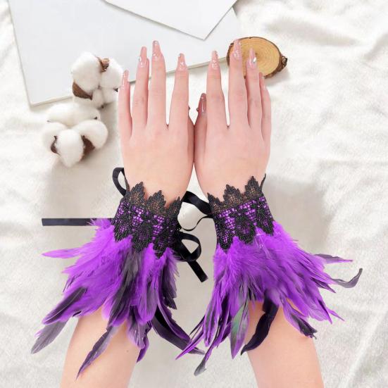 1 Pair Gothic Feather Wrist Cuff Gloves Feather Lace-Up Ribbons Halloween Party