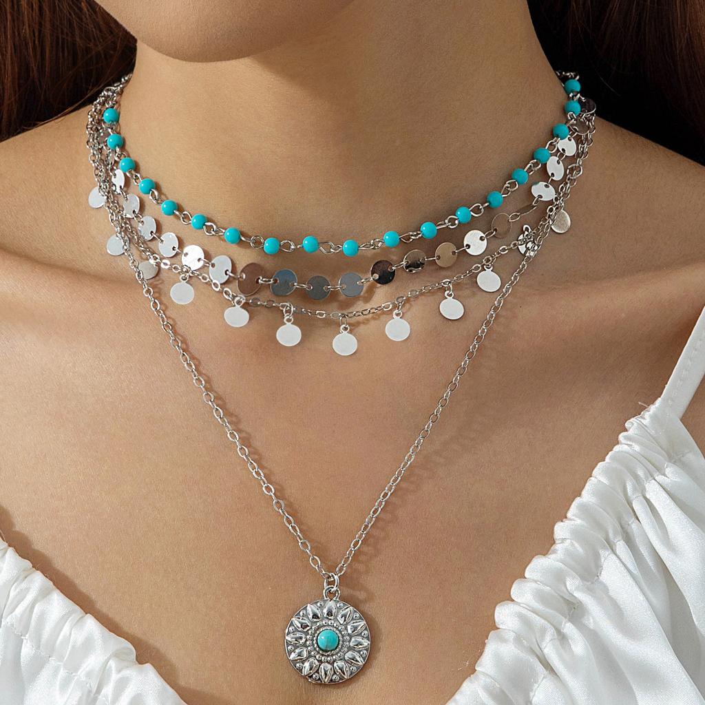 Vintage Bohemian Turquoise Beaded Multi-layer Necklace, Simple Geometric Disc Fringed Four-layer Necklace for Women
