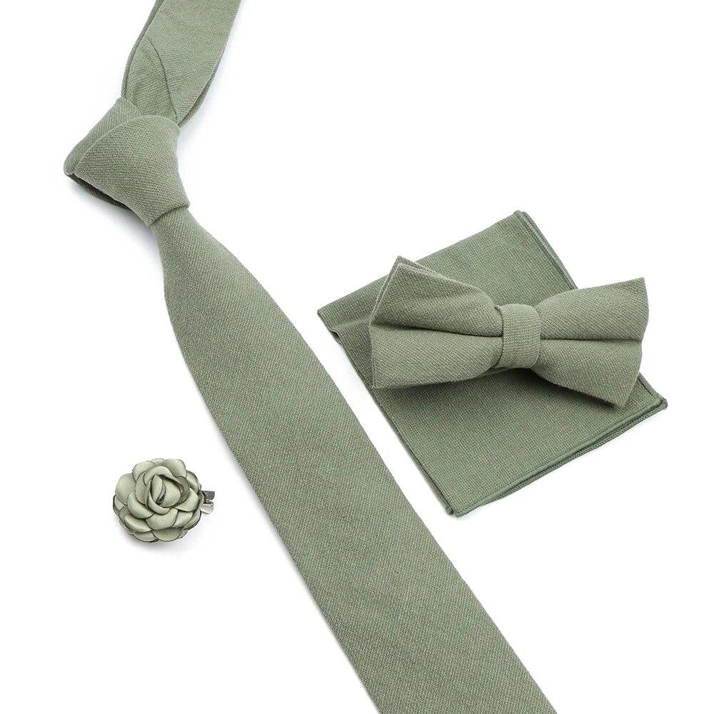 Solid Color Cotton Necktie Set For Men Tie 4pcs Hanky Cufflinks Rhinestone FLoral Brooch Tie Set