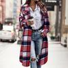 Women's Fashionable Oversized Long-Sleeve Collared Plaid Trench Coat With Patch Pockets