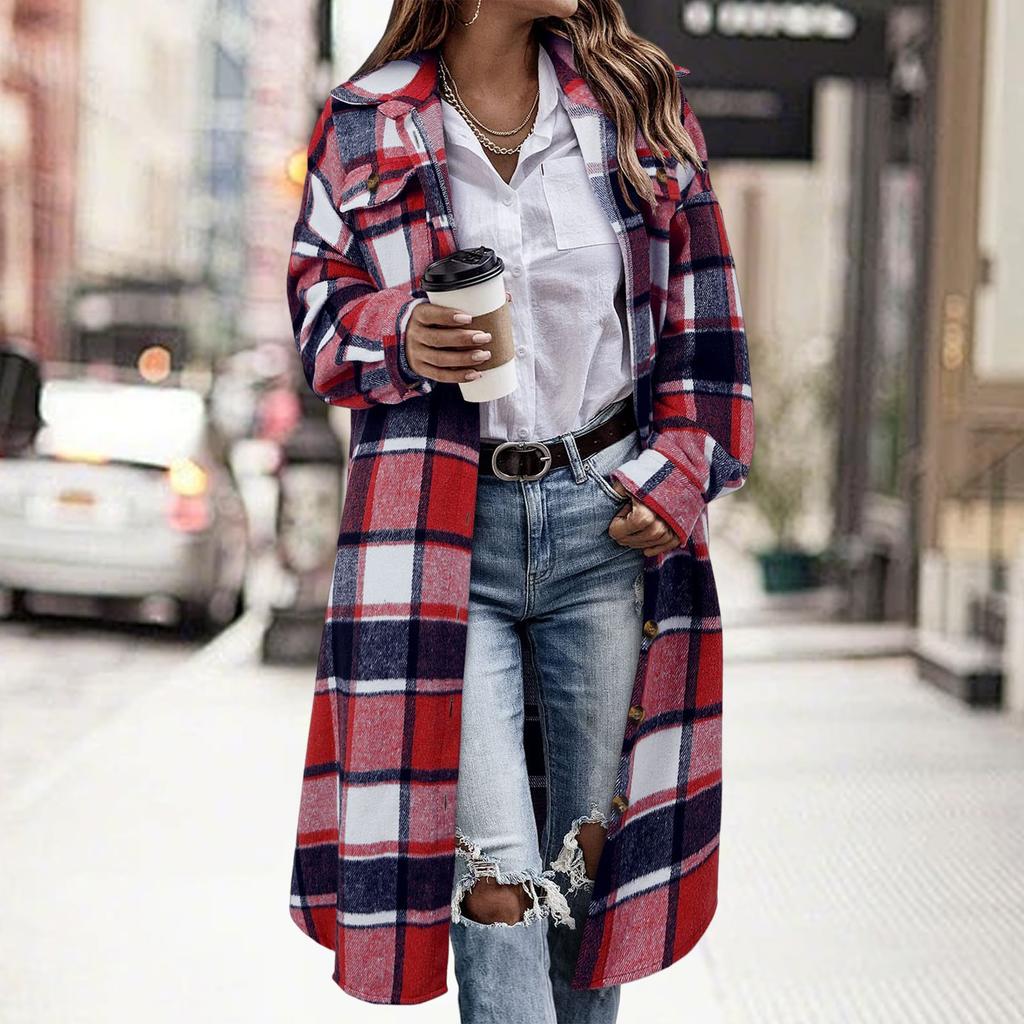 Women's Fashionable Oversized Long-Sleeve Collared Plaid Trench Coat With Patch Pockets