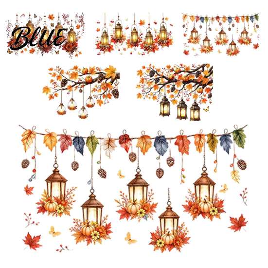 Static Cling Window Decals Autumn Maple Leaf And Lantern Sticker Double Sided PVC Waterproof Thanksgiving Party Decor Decals Removable Electrostatic