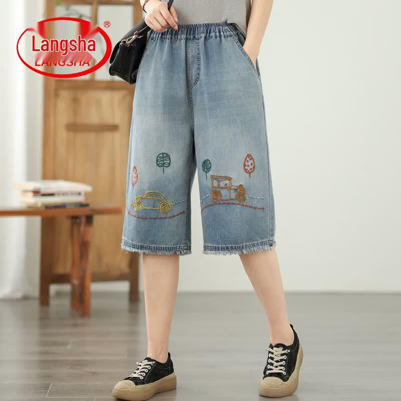 LangSha Women s High-Waist Wide-Leg Denim Capris L