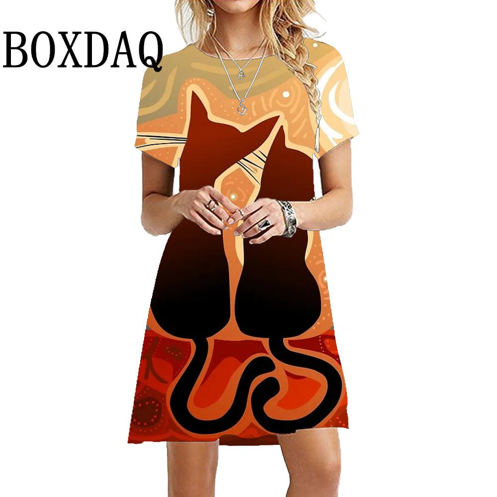 Caton Cute Cat 3D Printed Girl Dress Summer Feminine Kawaii Elegant Cat Casual Dress