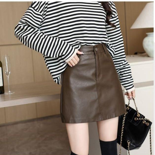 

2024 Autumn/Winter PU Leather High Waist Bodycon A-Line Midi Skirt for Petite Women - Black M кофейный