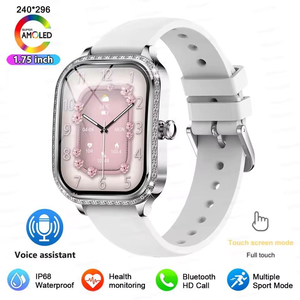 

Fashion Rose Gold Smart Watch Women 1.75 HD Display Heart Rate Sports Fitness IP68 Waterproof BT Call Smartwatch For Lady Gifts Curved Screen сірий