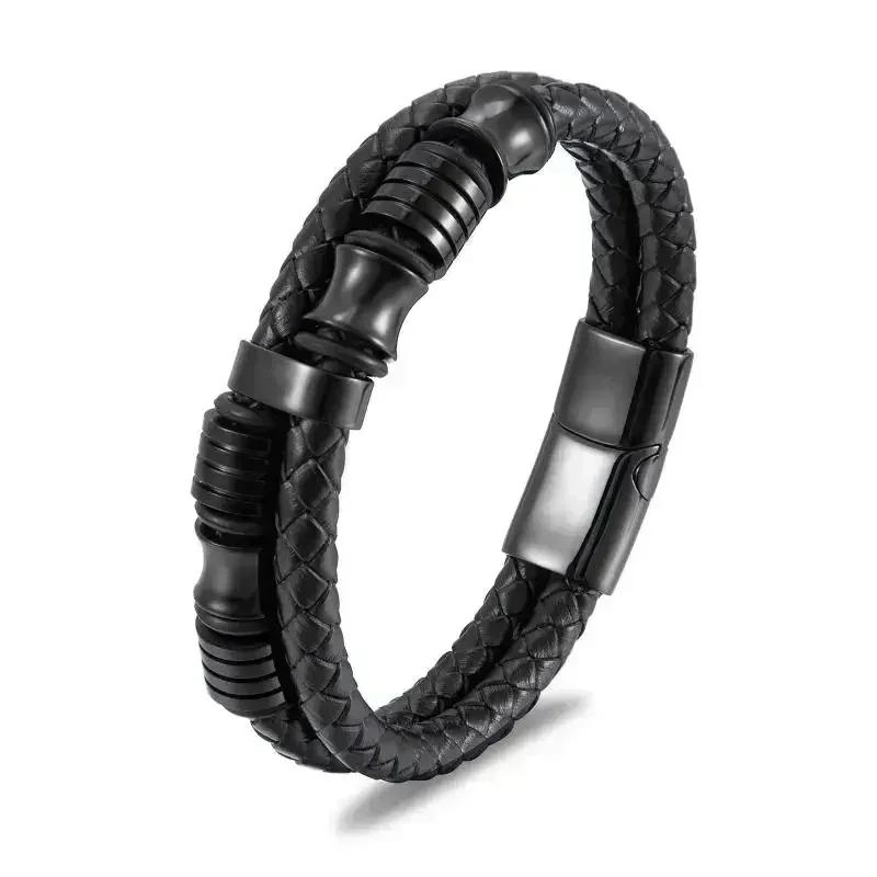 Hochwertiges handgeflochtenes Leder Edelstahl Magnetverschluss Armband Herren Charme Mode Lässiger Schmuck Geschenk
