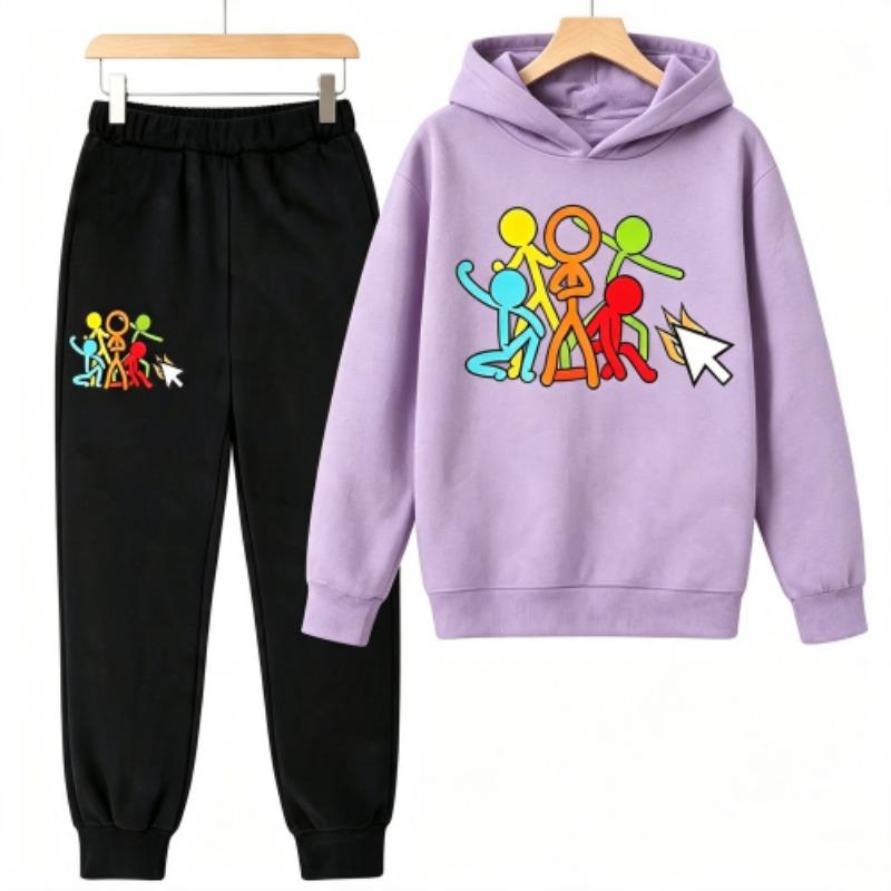 Creative Character Actions Print Kids Pullovers Pants 2-piece Set Street Casual Fashion Hoodies Vintage Boy's Girl Clothes