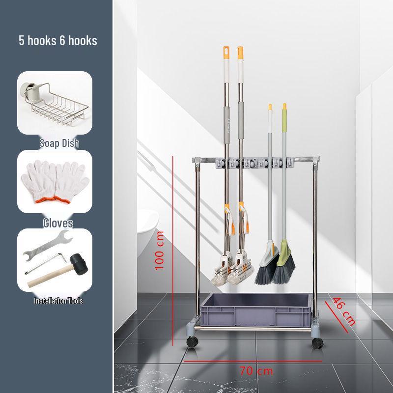 Movable Stainless Steel Mop Storage Rack with Hooks for Floor-Standing Draining in Schools and Factories