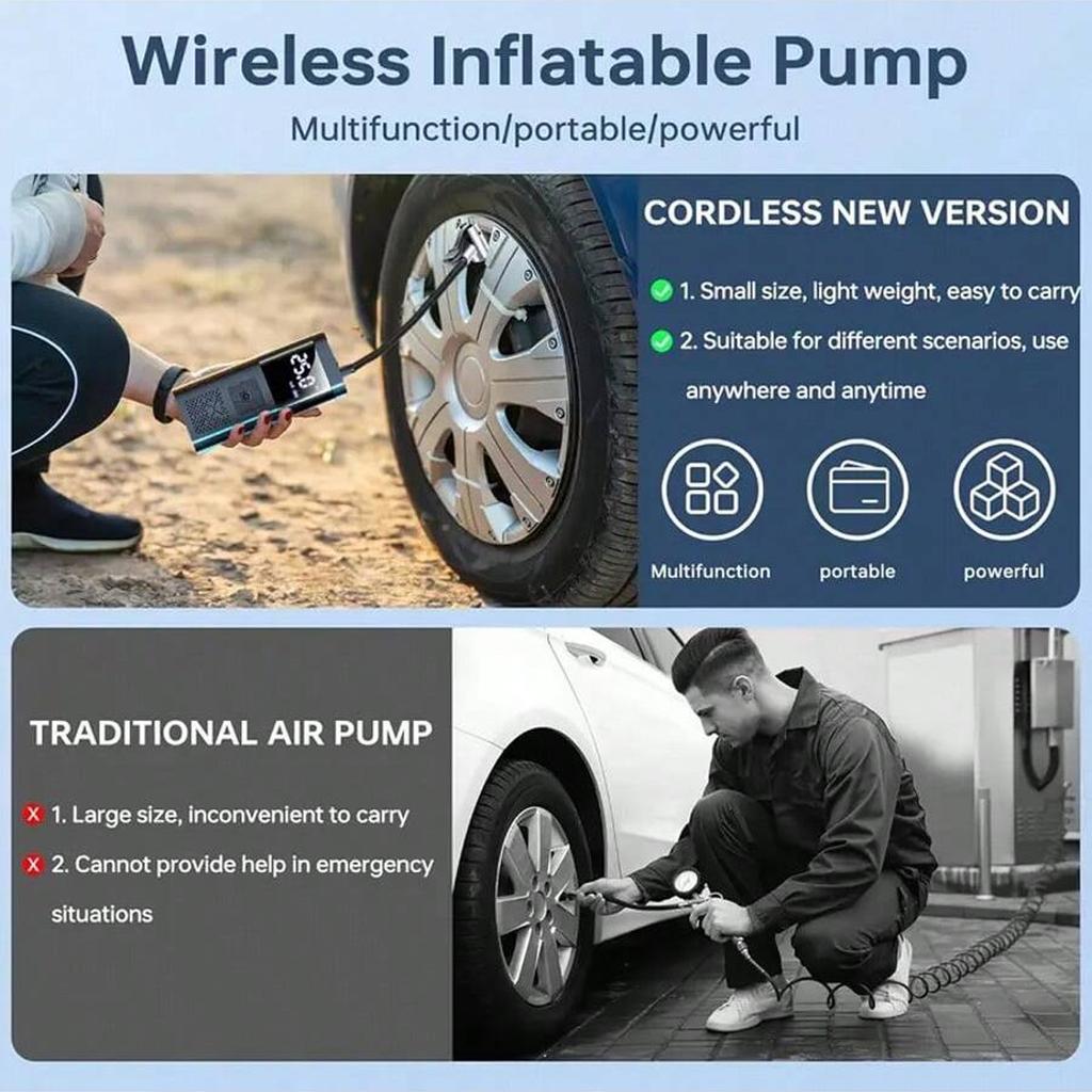 Portable wired car electric air pump, corded digital tire inflator with LED light - max 150 PSI, Quickly inflates vehicle tires!