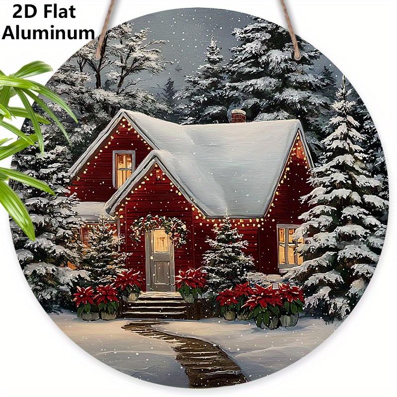 

2D Flat Aluminium Christmas Sign with Snow House Pattern - Warm Winter Figurine Ornaments - Ideal for Front Door, Wall, Porch, Window Decor - Ideal 7.87×7.87inch