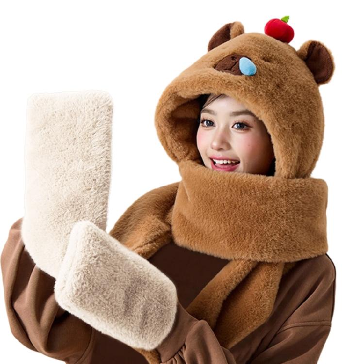 Furry Capybara Hat for Cycling and Running Sport Thicken Capybara Gloves Thick
