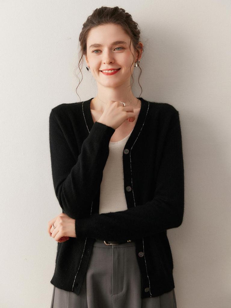 25 Autumn Winter V-Neck Cashmere Knit Color Block Cardigan for Women - Loose Korean Style Sweater Coat