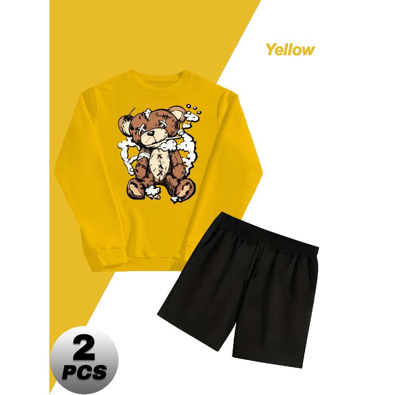 Polyester 2 Piece Men s Casual Tracksuit Crew Neck Sweatshirt and Adjustable Waist Shorts XXL жёлтый