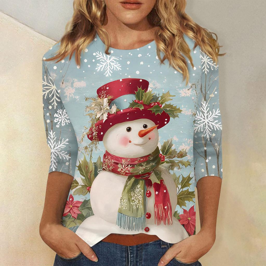 Women's Fashionable Casual Three Quarter Sleeve Christmas Printed Collar Pullover Top