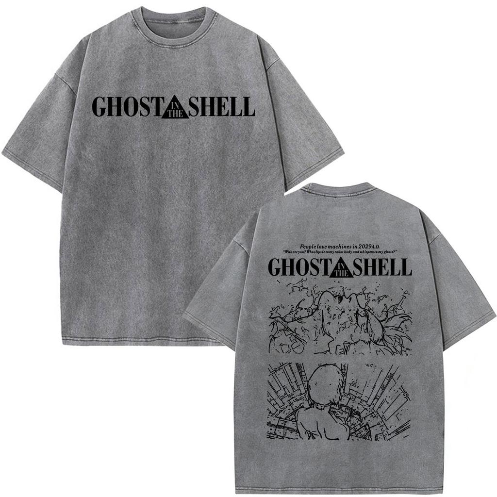 Camisetas Gráficas Vintage Lavadas de Anime Ghost in The Shell Motoko Kusanagi para Hombre y Mujer Moda Camisetas de Manga Corta Oversize