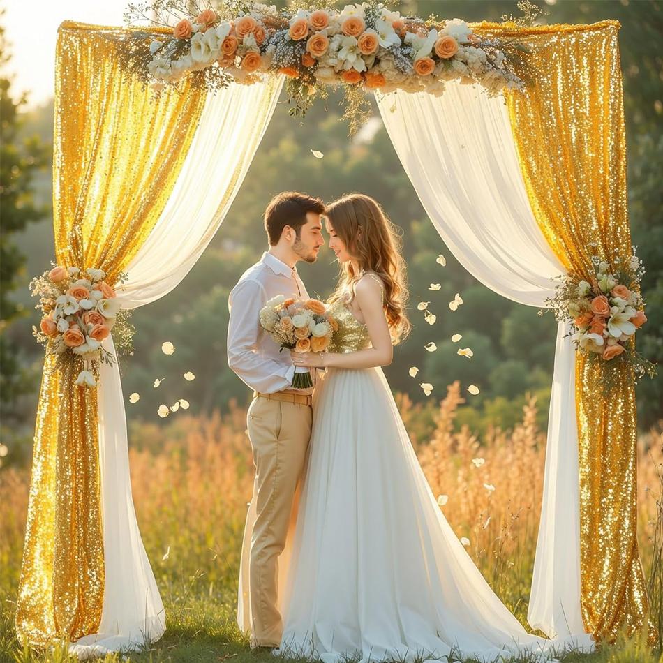 1PC 3/10M Sequin Table Runner Collocation 1PC White Chiffon Wedding Arch Drapes for Baby Shower Birthday Party Backdrop Decor