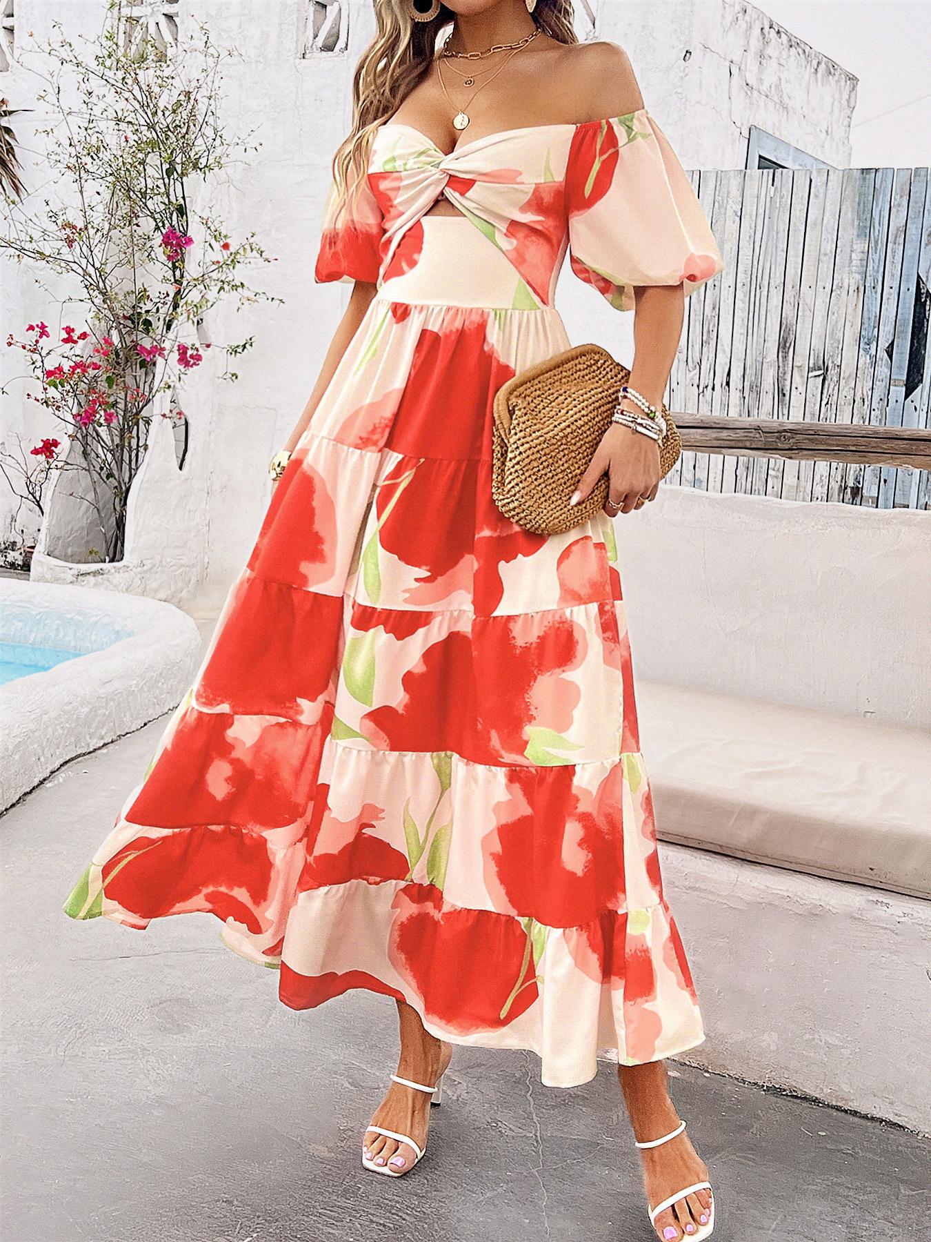2026 European and American summer new style elegant floral hollow off-the-shoulder printed dress women s high sense S