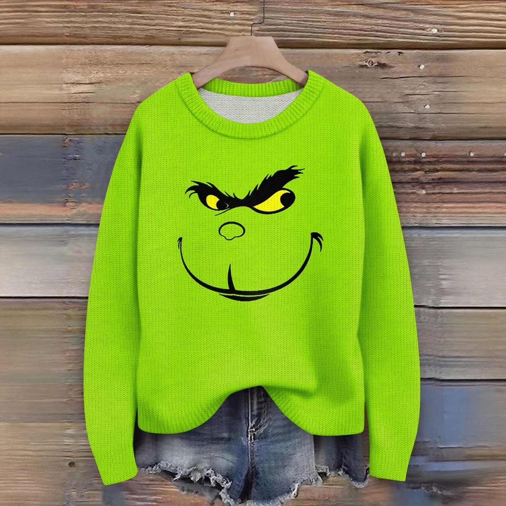 Long Sleeve Pullover Sweaters For Women O Neck Casual Cute Printing Knit Oversized Sweater