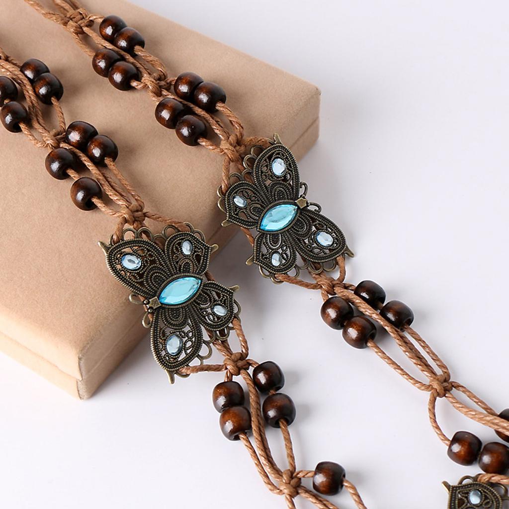 Brown Belt with Beads Butterflies Vintage Tassel Cotton Rope Waist Chain Woven Waist Belts for Dress Party Dance Show