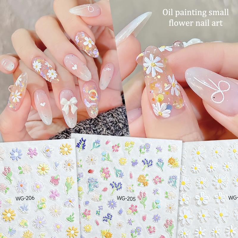 Oil Painting Flower Nail Sticker Embossed Daisy Self-Adhesive Decals Nail Art Decoration Diy Manicure Design