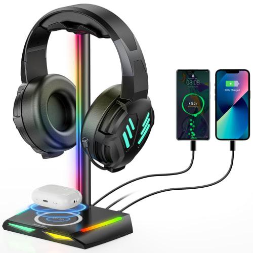 New Bee Z12 Headphone Stand, Desktop Headset Stand with RGB Lighting, Type-C and USB Ports for Data Transfer/Charging, Wired Headphone Holder, Easy As