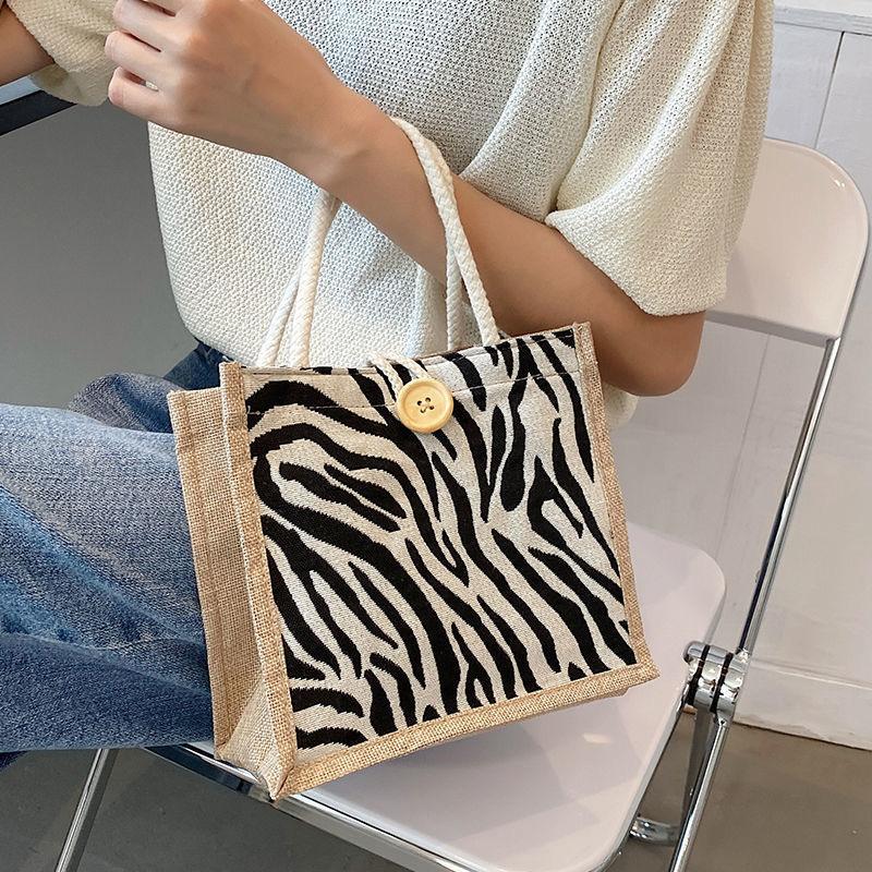 Ins Style Fashion Plaid Portable Linen Bag Large Capacity Square Bottom Jute Shopping Bag Linen Waterproof Gift Bag