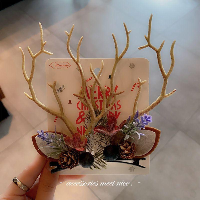 Christmas Deer Hair Clips for Women, Fairy Forest Elf Antler Headband, Fuzzy Pair Clips for Photos, Xmas Gift Accessories