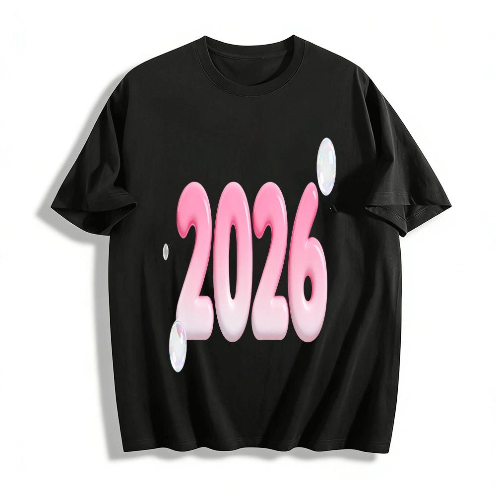 Gradient Pink 2026 Print Casual Top Trendy New Year Loose Fit T-Shirt Pure cotton T-shirt XXS