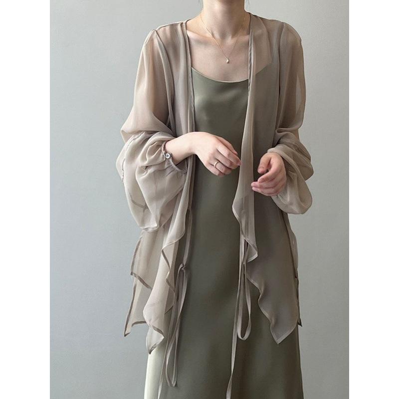 Women's V Neck Long Sleeve Midi Cardigan Loose Fit Chiffon Open Front Cover Up