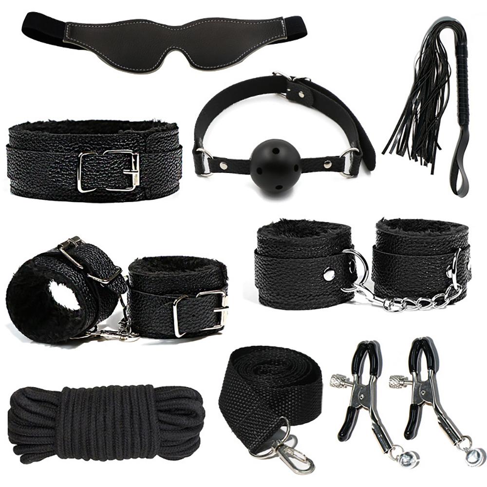 Sex Toys Kits for Couples PU Sex Bondage Set Handcuffs Sex Games Whip Gag Shackles Collar Fluff Stick Nipple Clamp For