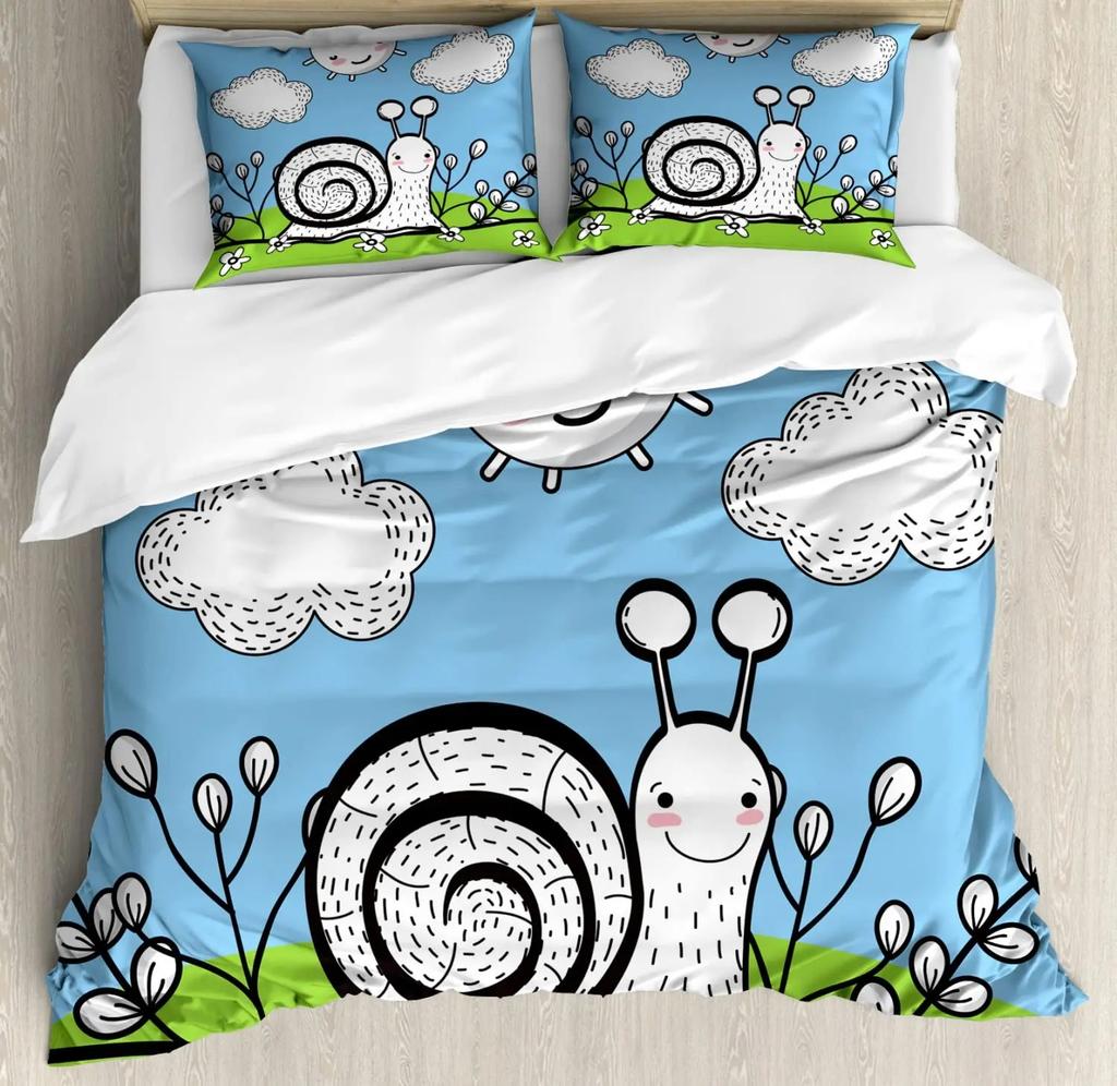 Kawaii Snails Duvet Cover Set Gradient Rainbow Printed Bedding Set Bedroom Decor Funny Snails Plant Duvet Cover for Boys Girls