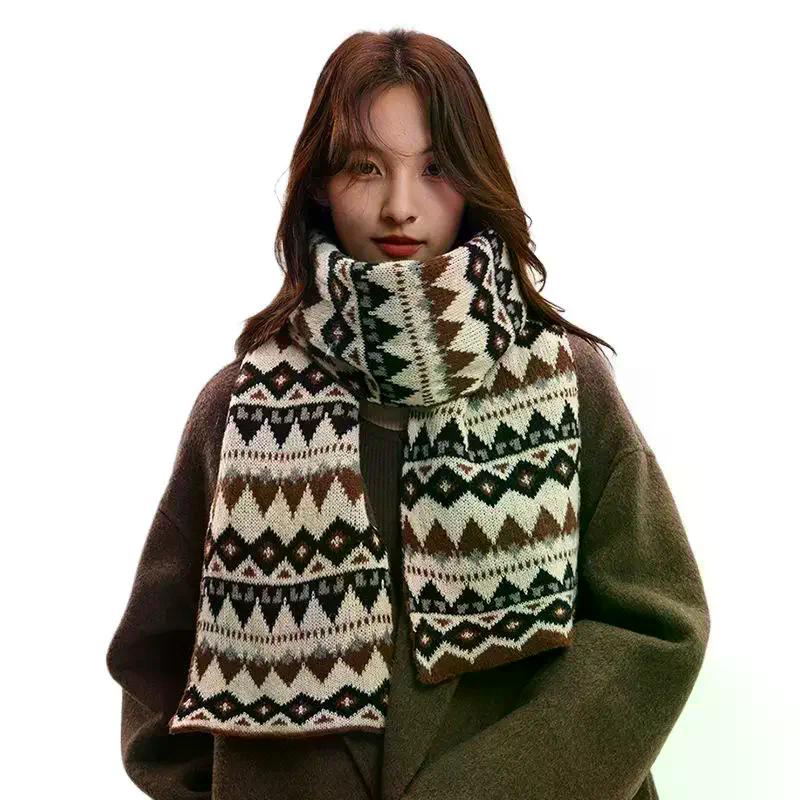 Women's Winter Jacquard Knitted Scarf Retro Thickened Warm Woolen Scarf Fashion Scarf