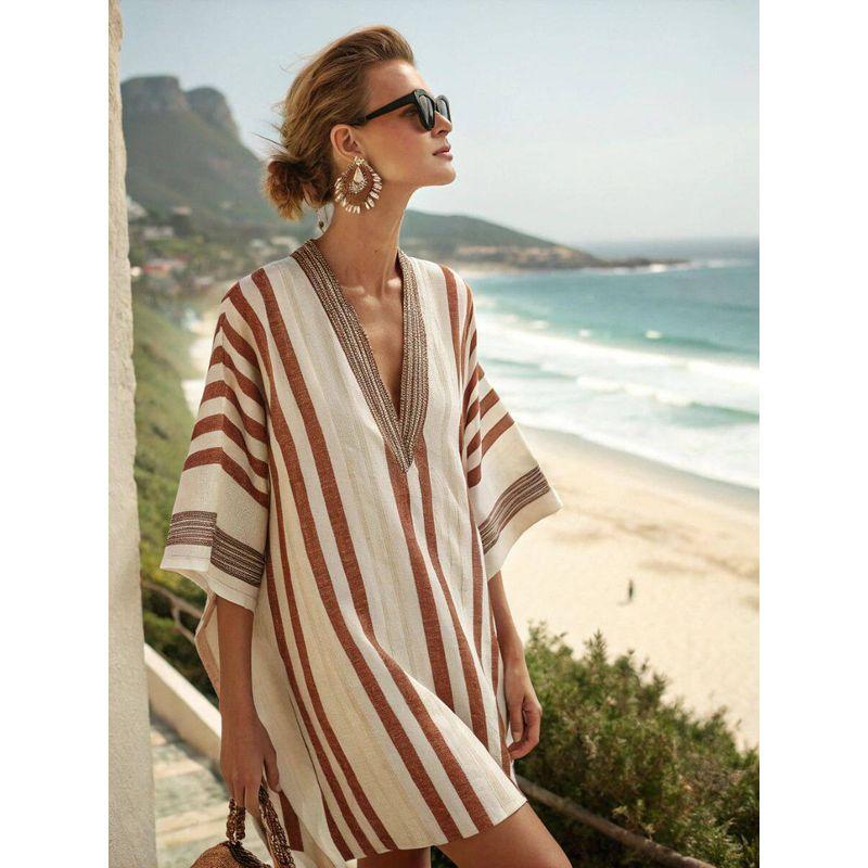 New Amazon Women's Clothing Super Fairy V-Neck Dress Seaside Vacation Beach Dress Printed Loose Mid-Length Dress