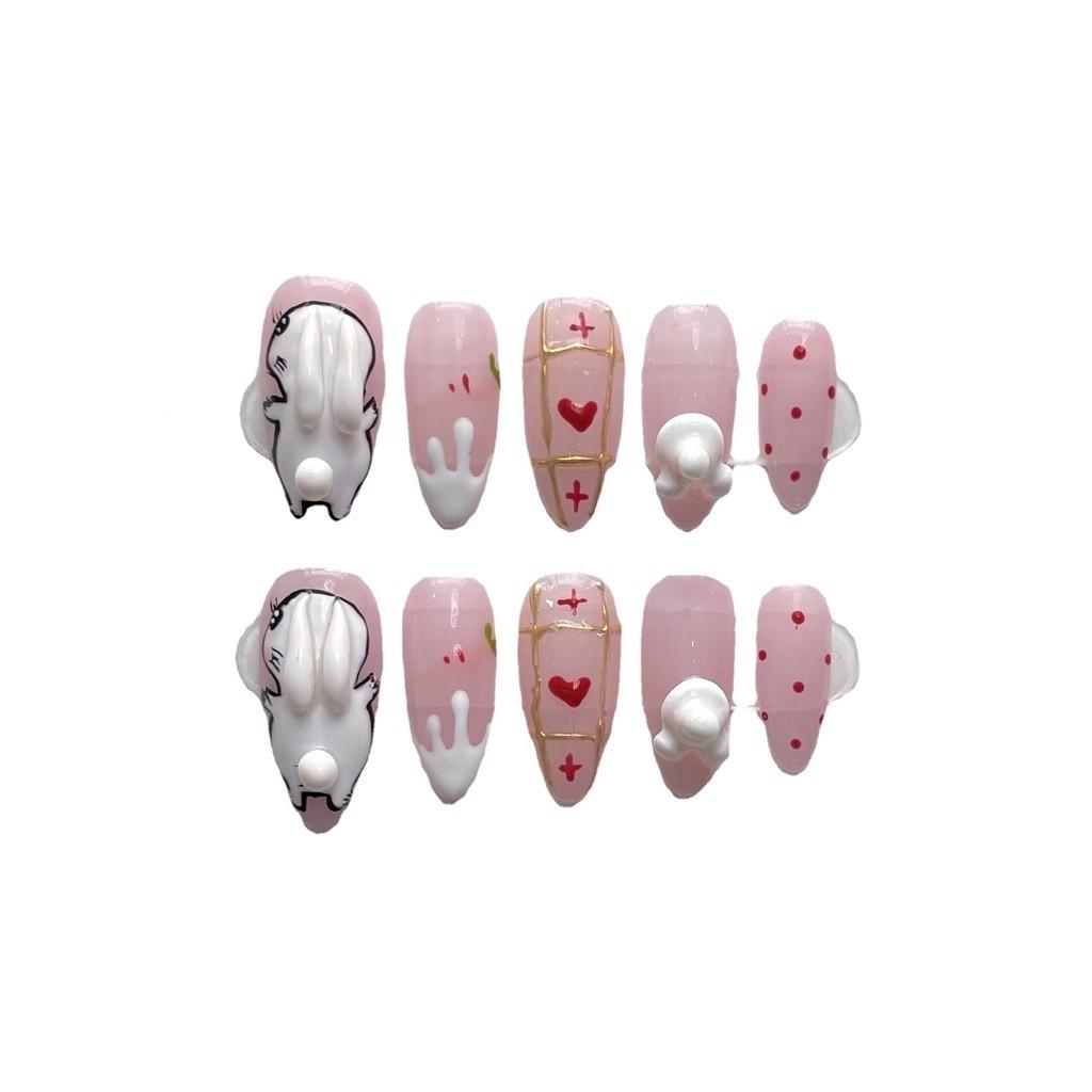 100% Handmade Almond Artificial Nail Summer Pink Rococo Sweet Pet Series Bunny Rabbit Press On Nails Reusable and Removable Fake Nails