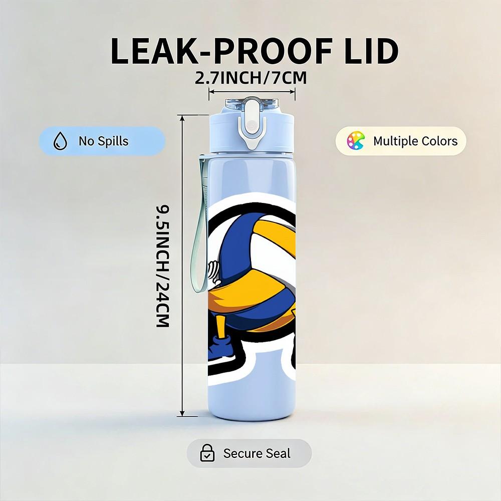 1PC Cartoon Volleyball Character Print 750ml Color Plastic Sports Water Bottle Leakproof Flip Straw Lid Suitable for Sports Office Home Use