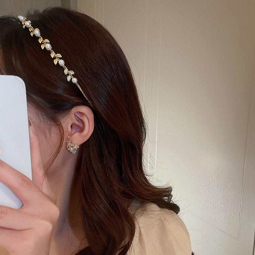 Wedding Bride Headwear Leaf Headband Korean Style Headwear Girl Thin Hair Hoop Rhinestone Hair Band