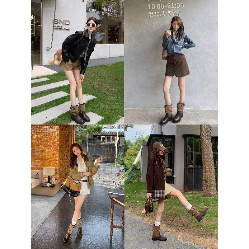 Cowhide version Ma Sichun same fashionable leather buckle with round head splicing thick heel knight boots women's boots stacked boots