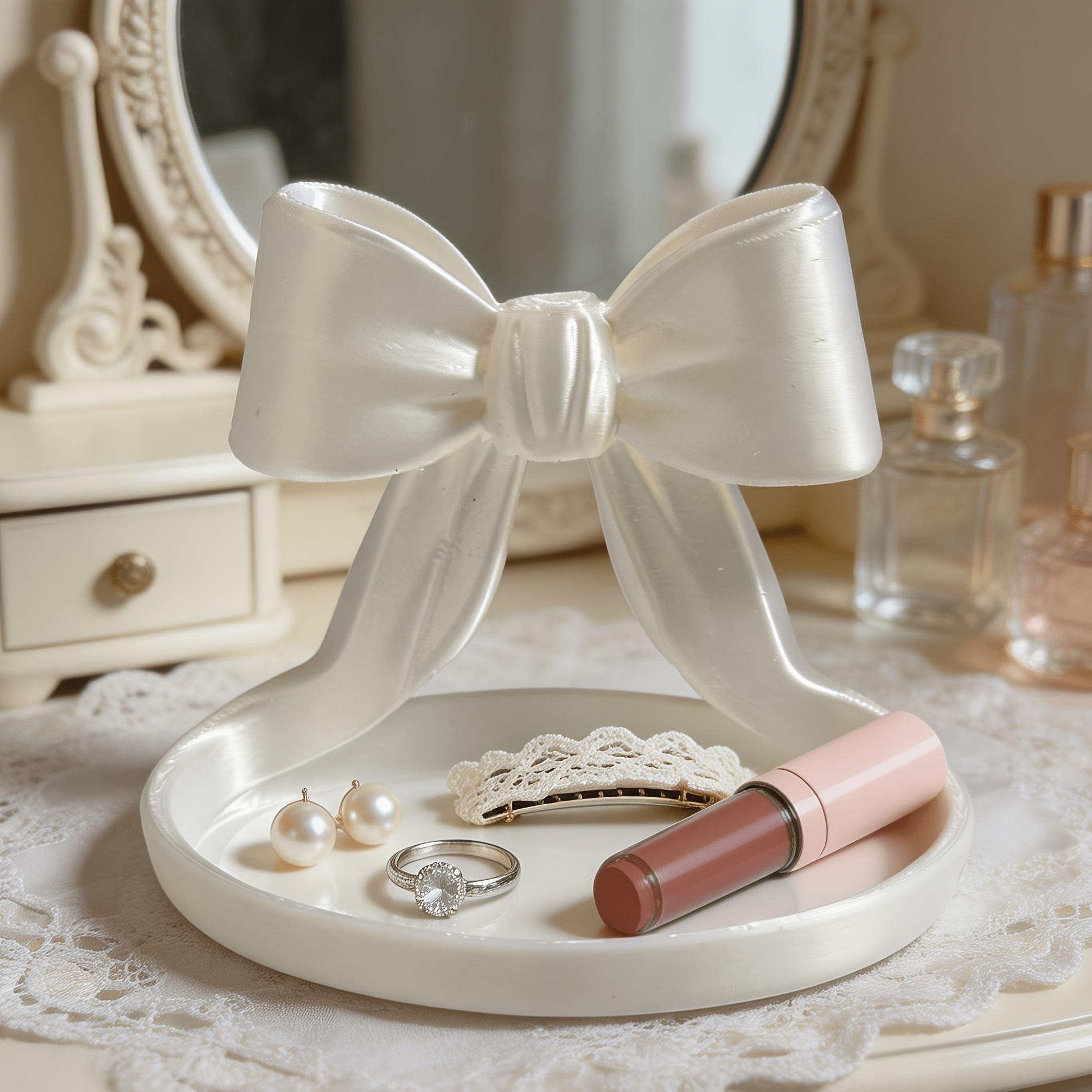 

1PC Cream Bow Storage Tray Decoration, Bow Jewelry Storage Tray білий