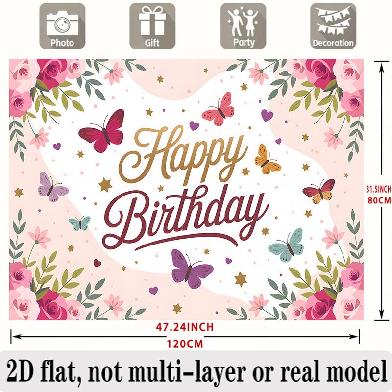Party Backdrop Floral Elegant Flat Butterflies Golden Script Text Photo Booth Decor Birthday Party Decor