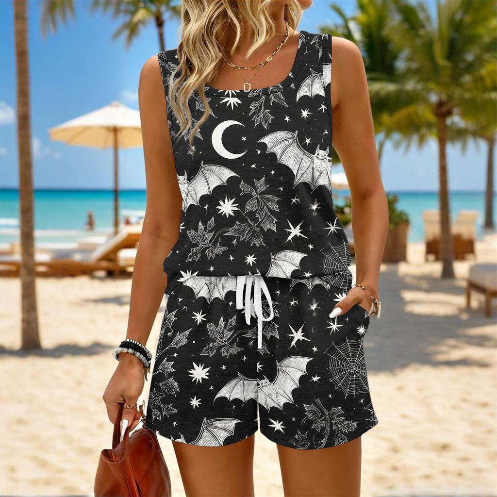 Women Summer Casual Two Piece Set Vintage Print Sleeveless Tank Top Square Neck Sportswear with Pockets Shorts Elastic Waistband
