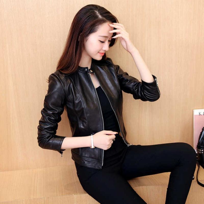 Autumn Winter Stand Collar Simple Fashion PU Leather Cardigan Coat Women Slim Casual Zipper Jacket Outwear Top