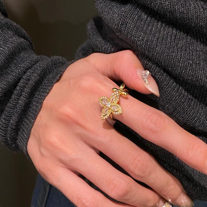 Gold Rhinestone Zirconia Flower Open Ring - Women's Luxury Adjustable Finger Ring